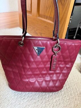 GUESS Burgundy Quilted Shoulder Tote Purse